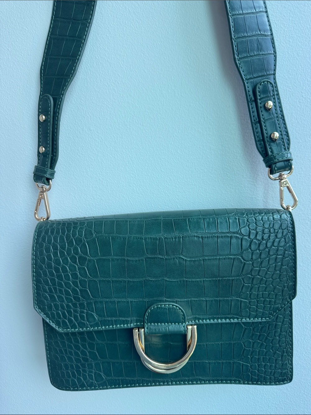 Teal Croc-Embossed Leather Shoulder Bag with Gold Hardware